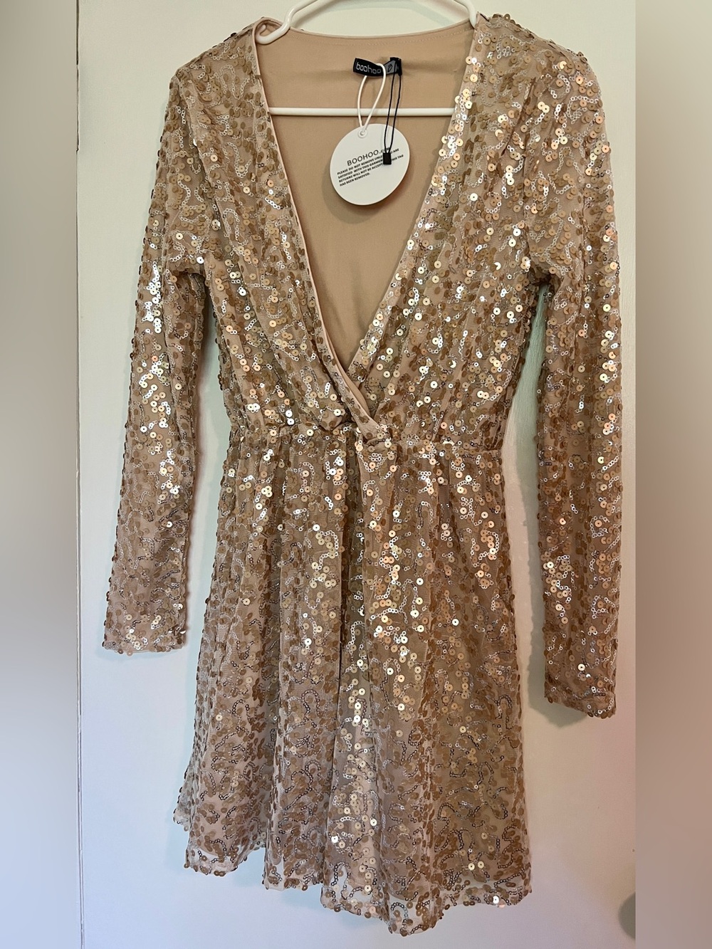 Boohoo Champagne Sequin Wrap Long Sleeve Dress
